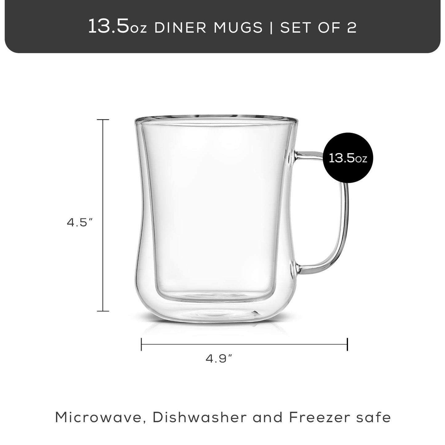 JoyJolt Double Wall Glass Coffee Mugs - 13.5oz Diner Mug Set of 2. Insulated, Clear Glasses That Don't Sweat, Perfect for Cappuccino, Latte, BV174