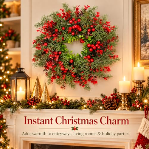 Cabilock 14-Inch Red Plastic Christmas Wreath for Doors & Walls