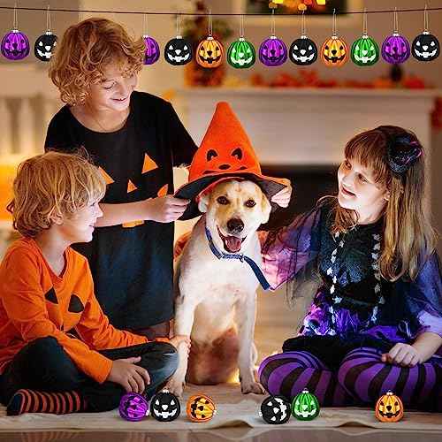 Zhanmai Pumpkin Hanging Ornaments Spooky Halloween Tree Decorations Mini Pumpkin Ball Jack O Lantern Tree Decorations for Scary Party Supplies(24 Pcs,Purple, Black, Green, Gold)