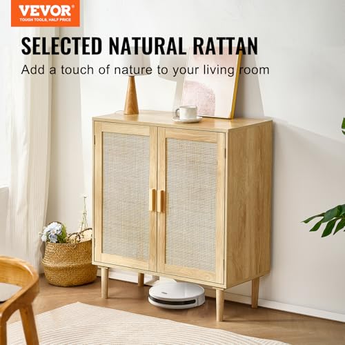 Medium Natural VEVOR Rattan Sideboard Cabinet with Adjustable Shelves & Magnetic Doors