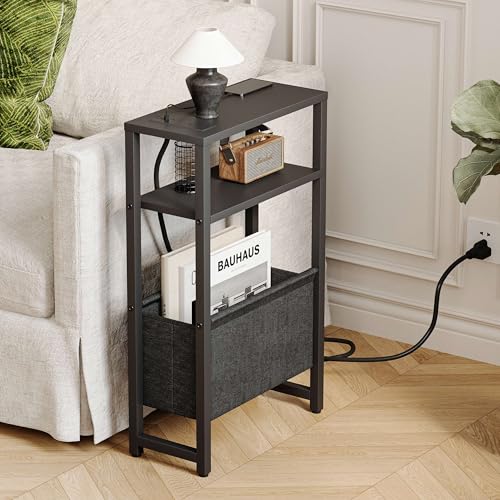 IRCPEN Black Narrow Side Table with Charging Station & Magazine Rack, 3-Tier Nightstand for Small Spaces