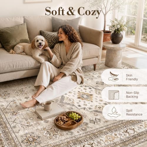 Cotiled 6x9 Beige Area Rug - Washable Traditional Vintage Carpet for Living Room