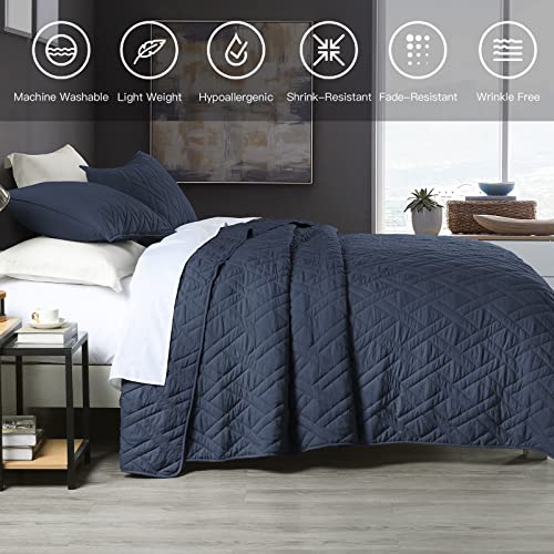 Dark Navy Blue King Quilt Set with Pillow Shams - Geometric Diamond Pattern, Ultra Soft All-Season Bedspread, 3 Pieces