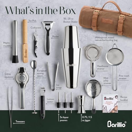 Travel Bartender Kit Bag with Cocktail Shaker Set - Brown & Silver, 17-Piece Portable Bar Tool Organizer