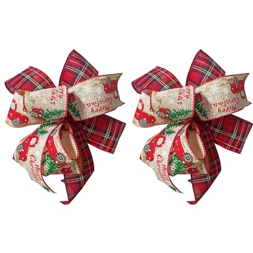 Christmas Bows 2PCS for Wreath 10X10 Inch,Black Red Buffalo Plaid Bows,Rustic Farmhouse Bows Natural Burlap Tree Topper Bows for Front Door Winter Christmas Tree Bows for New Year Xmas Decorations