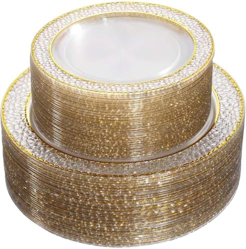 Nervure 102PCS Clear Gold Plastic Disposable Plates 7.5 & 10.25 Inch Set
