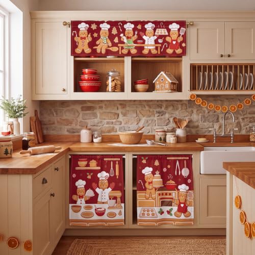 Gilprop 3 Pcs Chef Gingerbread Christmas Kitchen Curtain and Valance