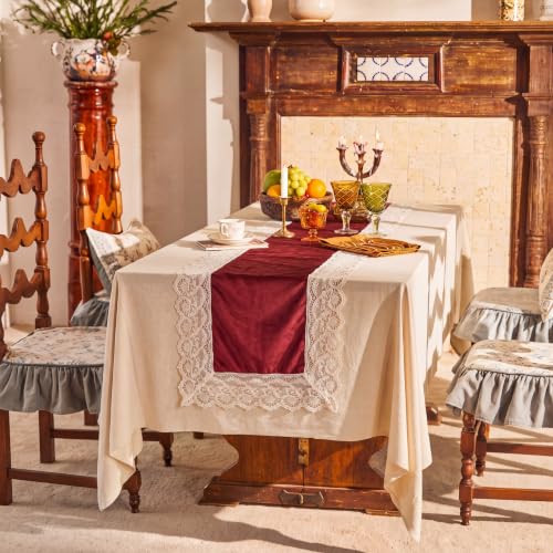 Flutesan Burgundy Velvet Lace Table Runner 20x70 Inch | Victoria Christmas Wedding Decor