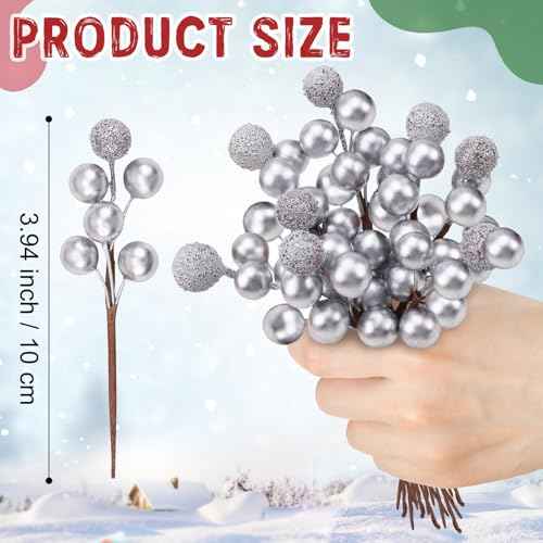 10pcs Fake Silvery Berries Artificial Glitter Decorations Glitter Foam Flower Core Lifelike Plants Picks Wedding Holiday DIY Crafts Bouquet