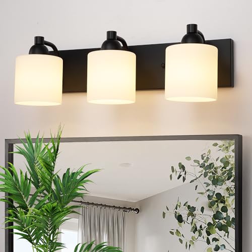 Milk Glass Vanity Wall Light Fixture - Matte Black 3-Light Bathroom Sconce - Over Mirror