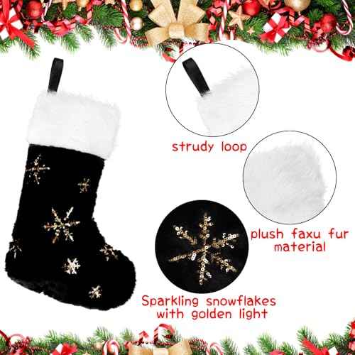 CCINEE 4PCS Black Christmas Stockings,18 Inch Large Plush Faux Fur Xmas Stocking with Golden Snowflake Sequin Glitter Snowflake Hanging Stocking for Christmas Tree Wall Fireplace Home Decoration