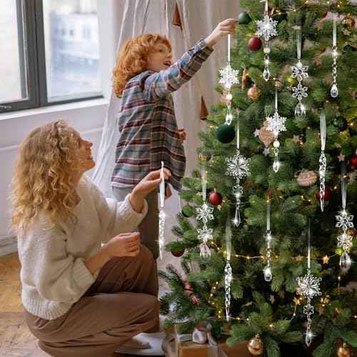 18PCS Crystal Christmas Ornaments for Tree Decorations Hanging Acrylic Christmas Snowflake Icicle Crystal Ornament for Xmas Tree, Winter Holiday Wonderland