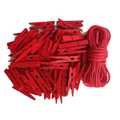 1.9 Inch Red Strong Wood Clothes Pins Hold Xmas Cards Papers Scrapbooking Gloves Socks Laundry Clip with Twine Pack 50