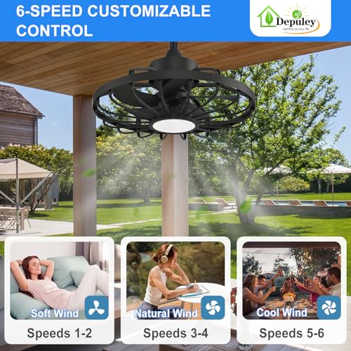Depuley 20-Inch Black Outdoor Hanging Ceiling Fan with Light & App Remote - Waterproof Gazebo Fan with Reversible DC Motor