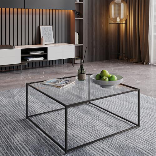 Black Glass Coffee Table Modern Center Table with Metal Frame - Easy Assembly
