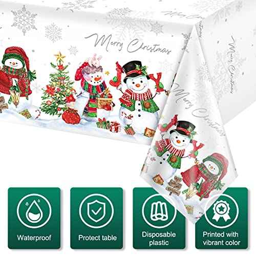 FunnyPars 3Pcs Christmas Snowman Tablecloth,Plastic Christmas Snowman Snowflake Winter Table Cover with Xmas Tree for Winter Holiday Themed Party Decorations and Supplies,54x 108inch£¨White£©