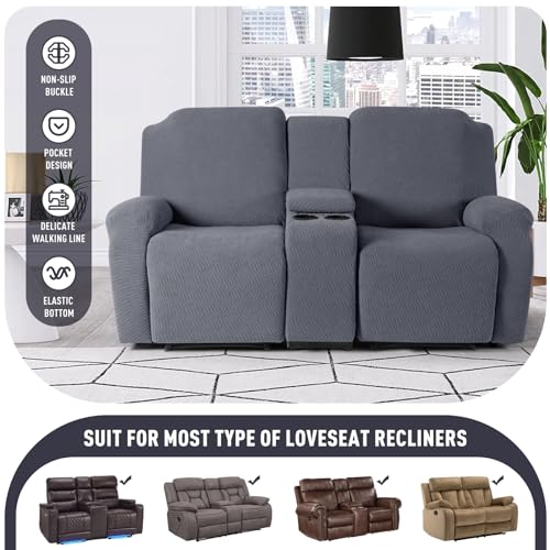 Loveseat Recliner Cover with Console - Dark Gray, 2 Seater Slipcover with Pockets