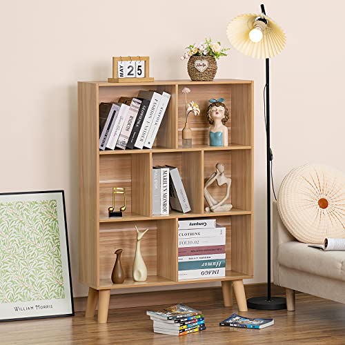 LEYAOYAO Natural 7-Cube Book Shelf with Legs, Mid-Century Modern Wooden Storage