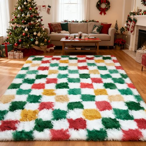 Boshengya Christmas Checkered Rug 6x9 ft Red & Yellow Holiday Fuzzy Carpet