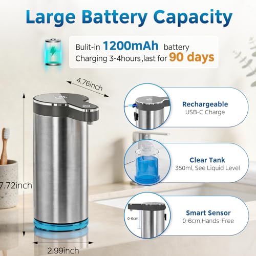 Automatic Foaming Soap Dispenser Gray 12oz Touchless Waterproof IPX5 - Self-Cleaning