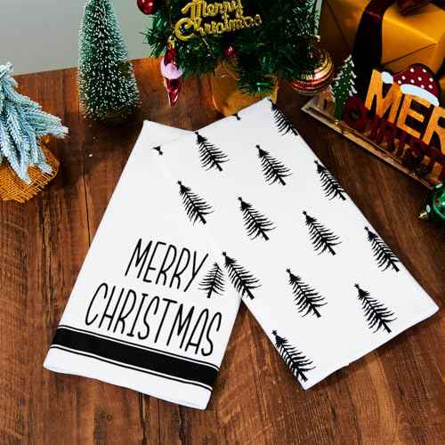 Christmas Kitchen Towels Set of 2, 18x26 Inch White Dish Towels with Black Xmas Tree, Perfect Black Christmas Decor and Gifts, Absorbent Microfiber, Durable & Machine Washable