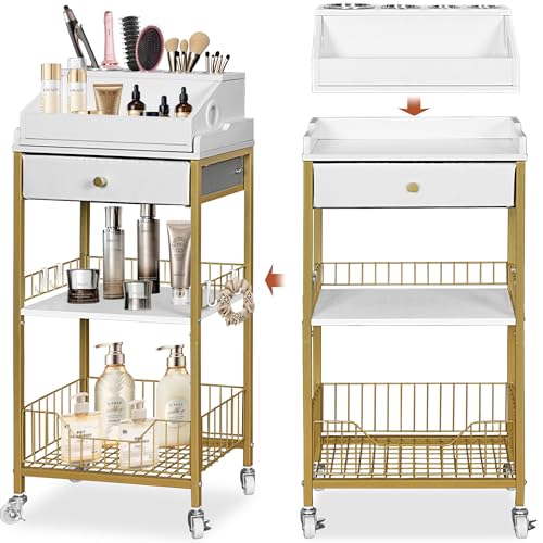 NauwaBarn Gold Makeup Organizer Cart with Detachable Hair Tool Holder