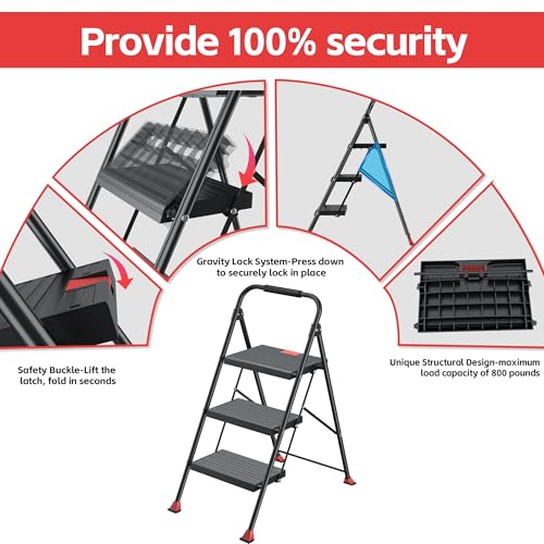 DiamondForge Red 3-Step Foldable Ladder Stool Heavy Duty for Home Kitchen