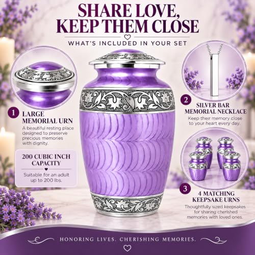 Set of 6 Purple Cremation & Funeral Urns for Ashes Women Men -