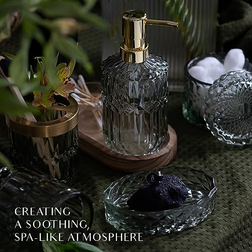 EMPO 6-Piece Green Glass Bathroom Accessories Set - Soap Dispenser, Toothbrush Holder, Soap Dish, Tumbler & Cotton Swab Jar