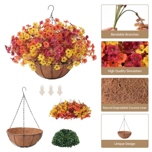 Fall 3-Mix Artificial Mum Flower Set with Hanging Baskets - Outdoor Autumn Decor (2 Pack)
