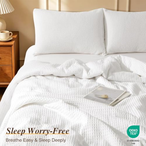 King Size White Waffle Weave Comforter Set - Breathable 100% Cotton Shell