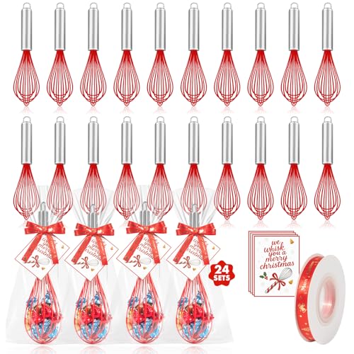 24PCS Christmas Red Silicone Whisks Gift Set with Greeting Cards & Ribbons - 10 Inch