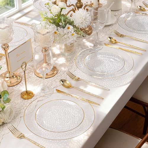 Disposable Plastic Plates Set - Clear & Gold Hammered Design for Parties