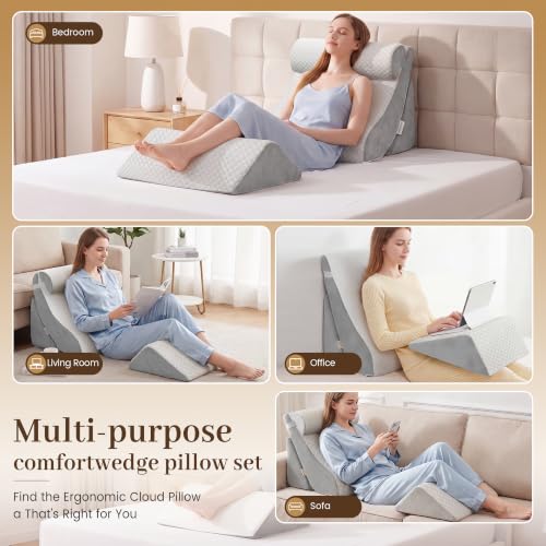 Adjustable Wedge Pillow Set 4PCS Support for Pain-Free Recovery Gray + Light Gray