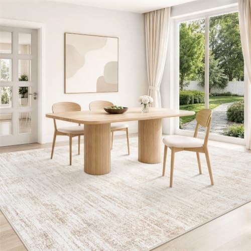 Beige 8x10 Washable Area Rug - Neutral Abstract Pattern, Non-Slip Backing
