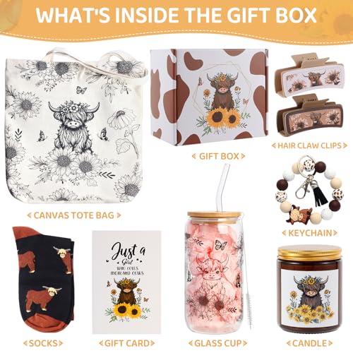 Highland Cow Gift Set: 8-Piece Tote Bag, Glass Cup, Keychain & Socks