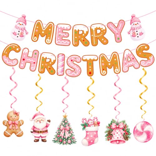 CANVVICH Merry Christmas Banner Garland with Hanging Swirls - Pre-Strung Holiday Decor