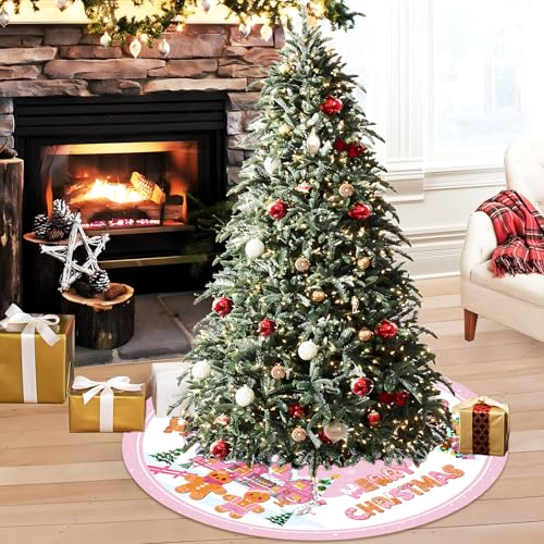 Pink Gingerbread Christmas Tree Skirt 48 Inch Holiday Decor for Living Room