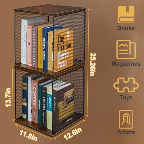 Stackable Cube Storage Organizer with Wooden & Iron Mesh Panels - Walnut Brown, 11.8x12.6x13.7 Inches