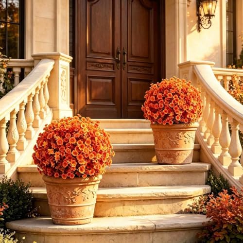 Artificial Fall Mums Topiary Ball Tree with Ground Spike - Orange