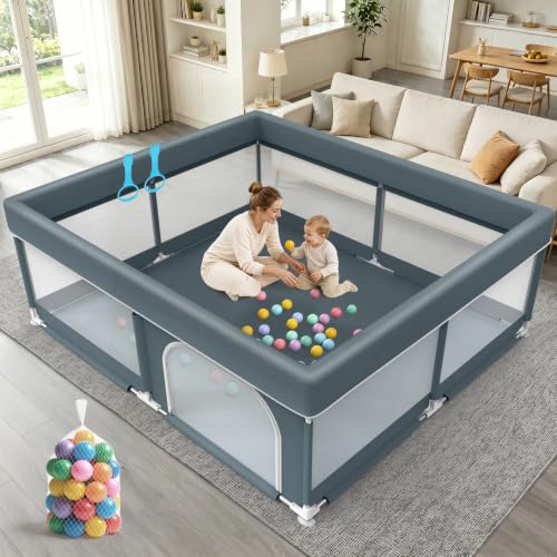 Babyvoye Grey 79x71 Inch Large Indoor & Outdoor Baby Playpen for Toddlers