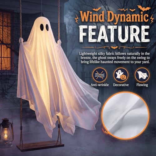 Outdoor Halloween Ghost Swing with String Lights - 5 ft Spooky Yard Decor