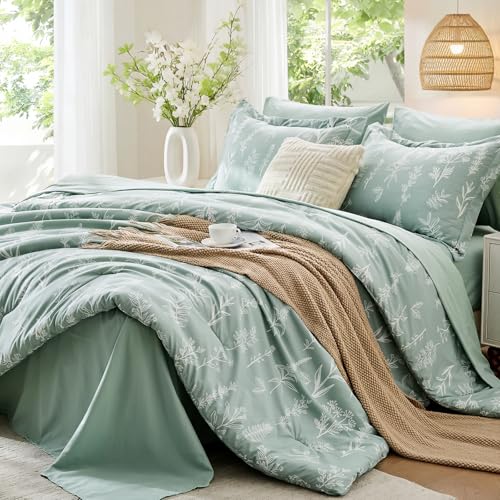 MUXHOMO Queen Floral Comforter Set 7-Piece Bedding in Sage Green Leaves, Queen (88"x 88")