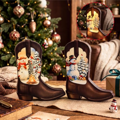 Fumete Cowboy Christmas Decor Lighted Boots - 2 Pack Western Holiday Lanterns