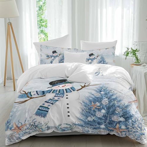California King Snowman Christmas Bedding Set with Starfish & Tree, Blue