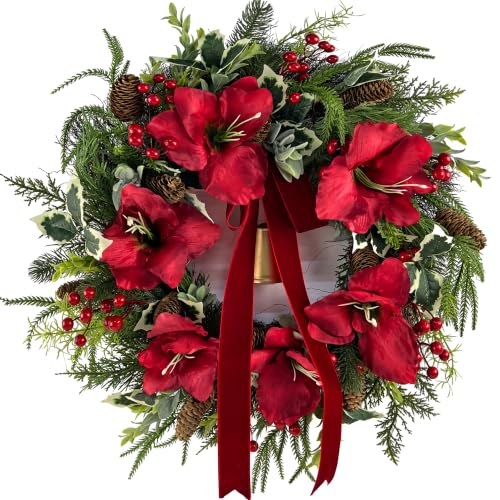 Outdoor Christmas Amaryllis Wreath with Gold Bell - 24 Inch Front Door Decor