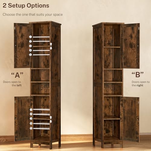 Tall Bathroom Cabinet with 2 Adjustable Shelves and 2 Doors - Rustic Brown, 2 Doors Brown