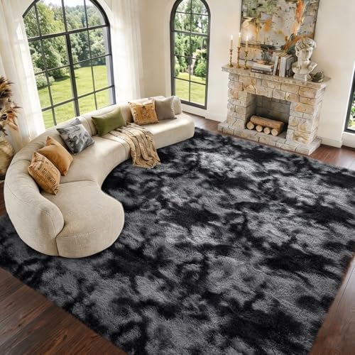 Extra Large Fluffy Tie-Dyed Dark Grey Area Rug 9x12 - Non-Slip Living Room