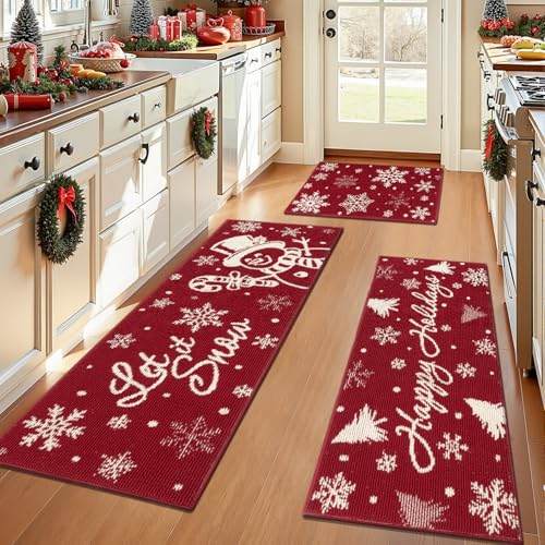 Findosom Christmas Kitchen Rugs Set of 3 Snowflake Snowman Snow Tree 20"x32" + 20"x48" + 20"x59"