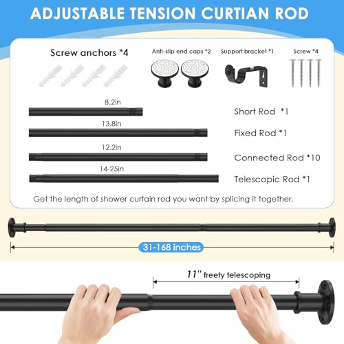 Extra Long Black Tension Curtain Rod 31-168 Inch Heavy Duty Outdoor & Bathroom